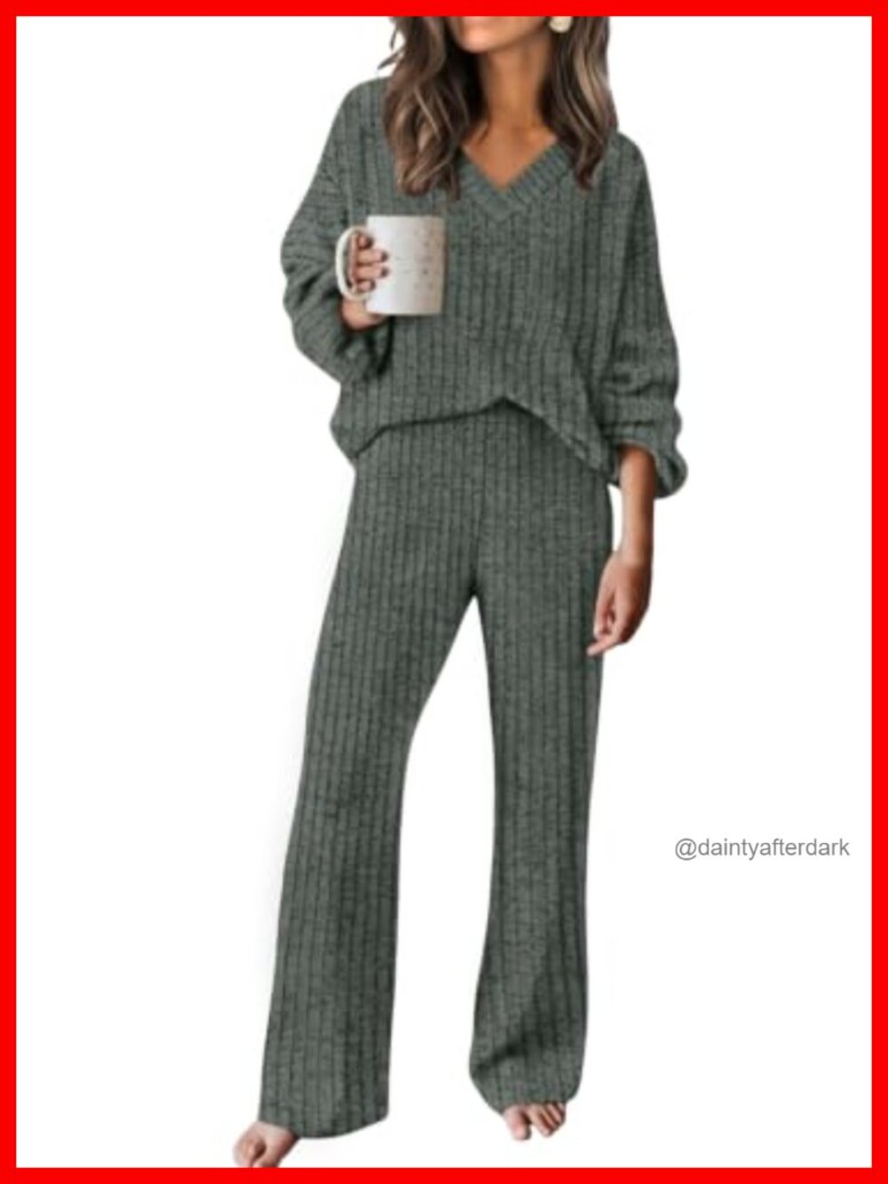 RUMIA Lounge Set Women V-Neck Sweater Wide Leg Pants Travel Outfit